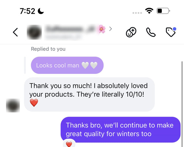 Instagram message: absolutely loved your products, literally 10 out of 10