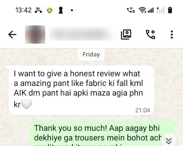 WhatsApp message: amazing pants, great fabric fall