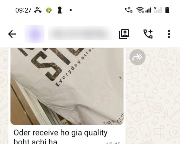 WhatsApp photo of a KAST parcel: order received, quality is very good
