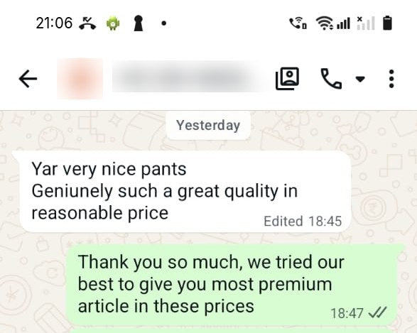 WhatsApp message: very nice pants, great quality at a reasonable price